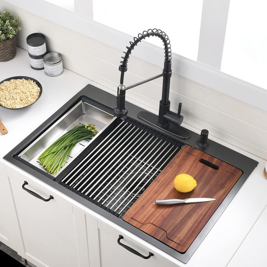 28 Inch Drop in Kitchen Sink Workstation with Accessories - 28X22 Inch Topmount Single Bowl 16 Gauge Stainless Steel Kitchen Sink Drop in with Cutting Board