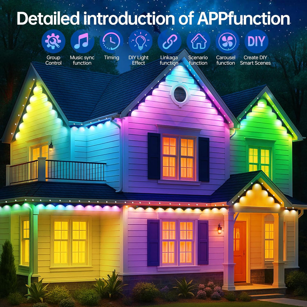 Permanent Outdoor Lights 150Ft RGB+IC Outdoor String Lights App Control IP67 Waterproof,100 Scene Modes Home for Christmas,Halloween,Holiday, Daily,Birthday Decor