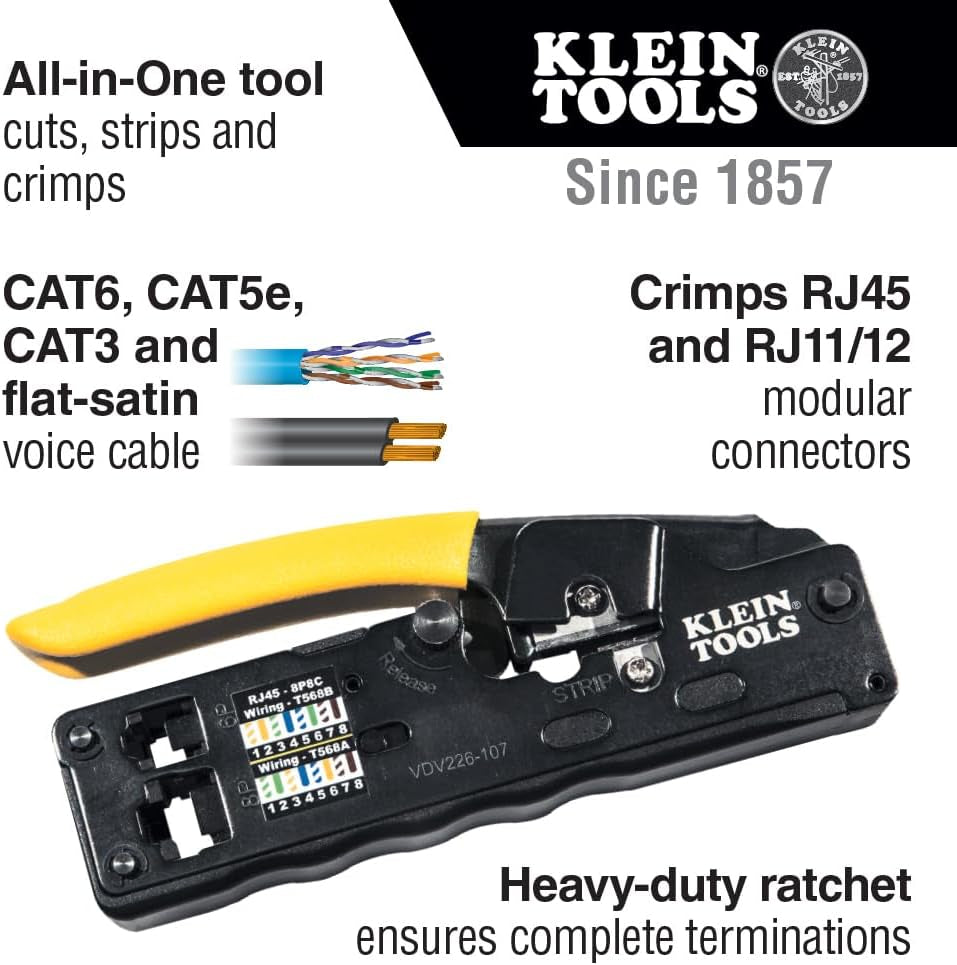VDV226-107 Compact Ratcheting Modular Data Cable Crimper/Wire Stripper/Wire Cutter, CAT6, CAT5, CAT3, Flat-Satin Voice Cable