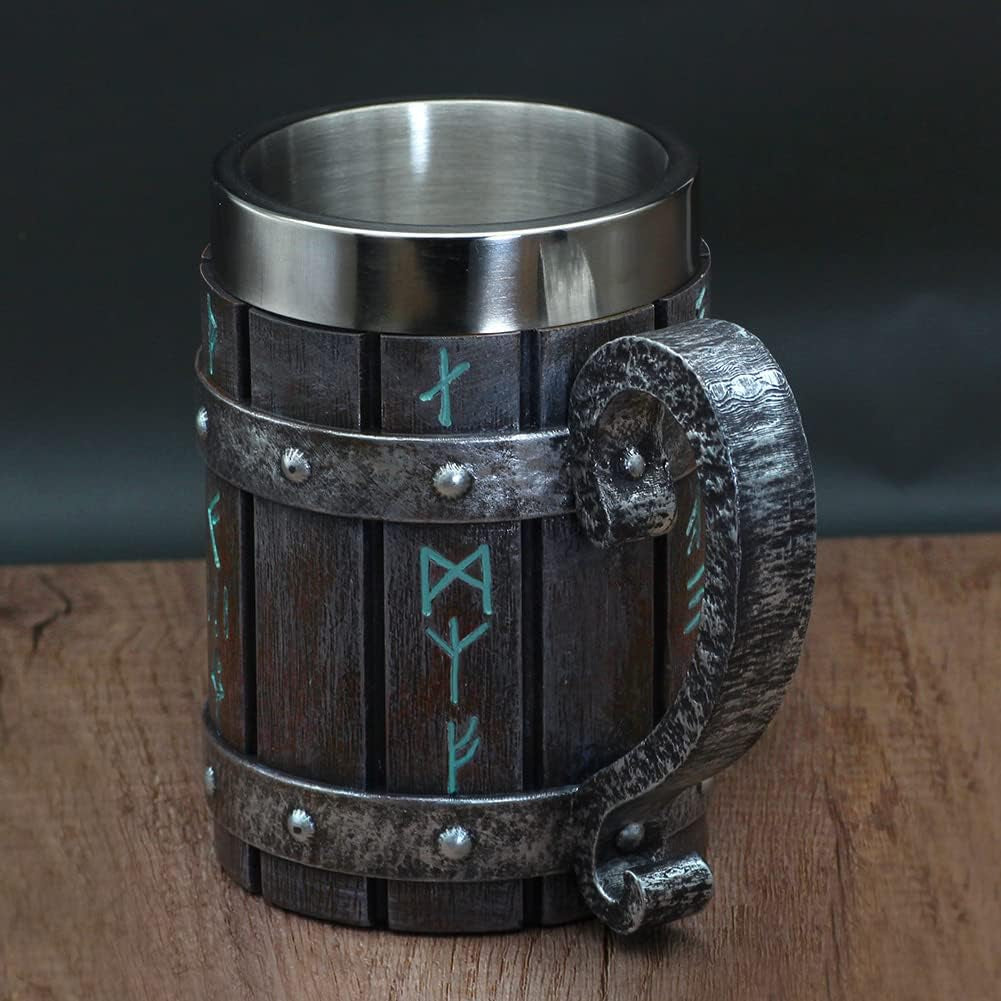 Norse Decor Stainless Steel Wooden Viking Coffee Cool Mug Viking Gift for Men Beer Cup Stein